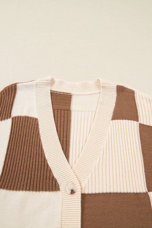 Plus Size Checker Ribbed Knit Buttoned V-Neck Card