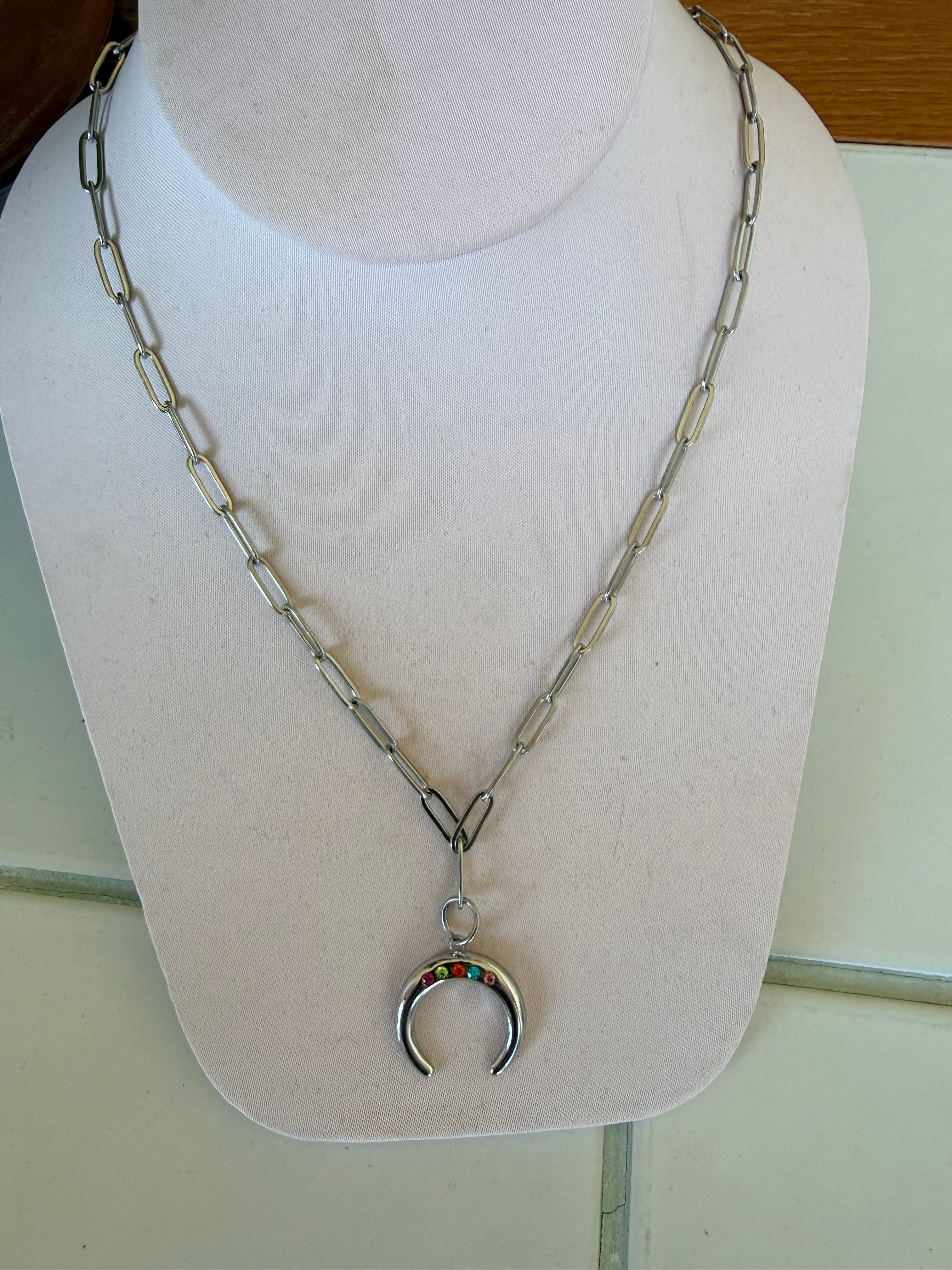 Rainbow Gem Crescent Charm Necklace