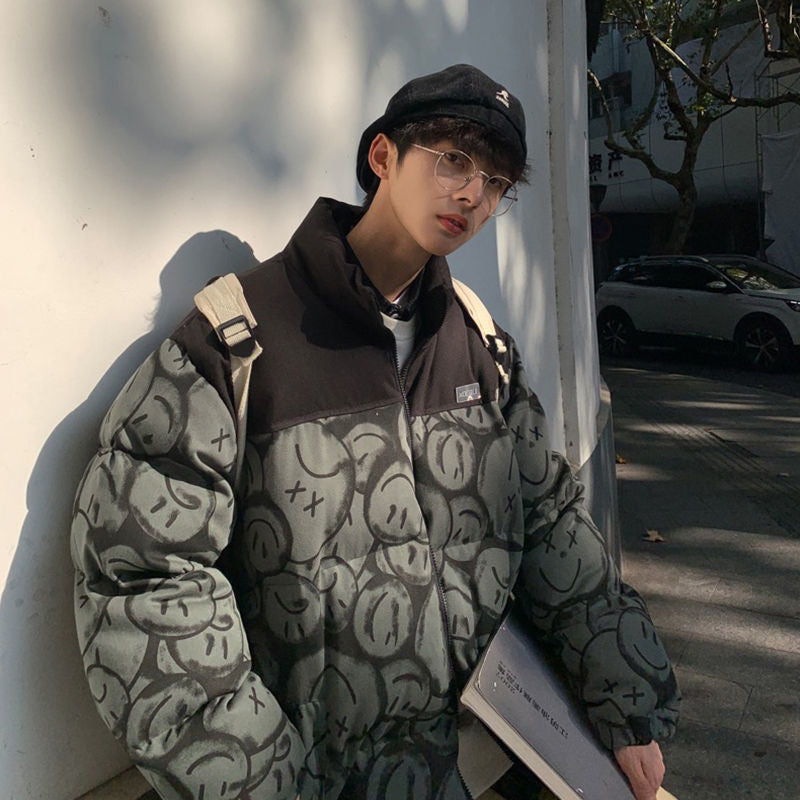 Face Print Standing Collar Cotton Jacket Man