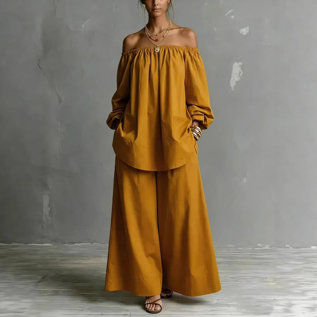 Off-Shoulder Cotton-Linen Wide-Leg Pants Set – 6 Colors, S–5XL