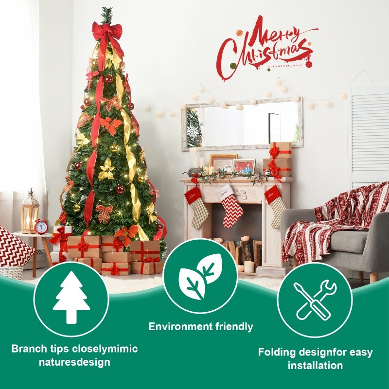 Prelit Full Pop Up Christmas Tree With Warm LED Lights, Gold And Red Ribbon, Bows, Balls Ornaments Easy Assemble Collapsible Xmas Trees Holiday Party Decor