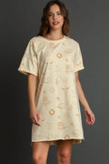 Umgee Full Size French Terry Short Sleeve Round Neck Dress Plus Size