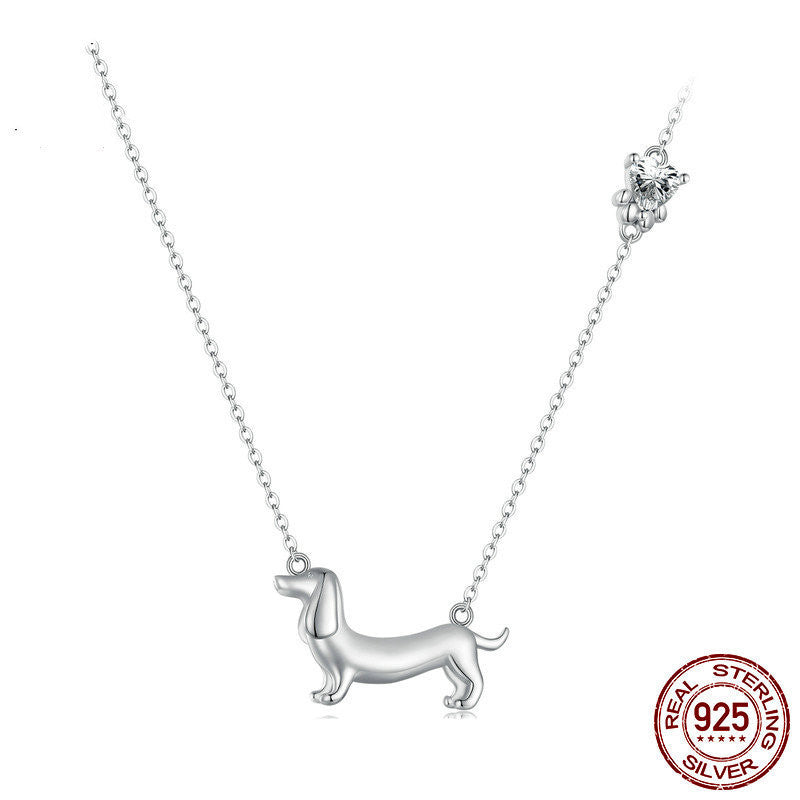 Sterling Silver Ornament S925 White Gold Plated Cute Sausage Dog Necklace