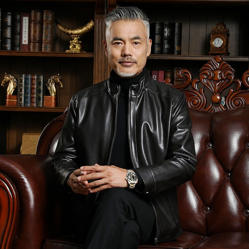 Men's PU Leather Jacket - Classic Lapel Collar Coat for Middle-Aged Men