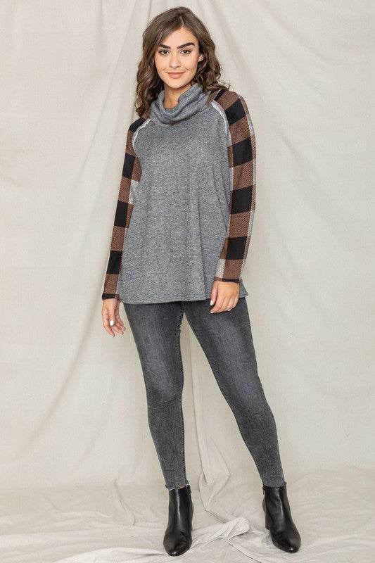 Terry Cowl Neck Checkered Sleeve Tunic