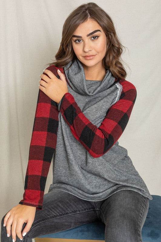 Terry Cowl Neck Checkered Sleeve Tunic