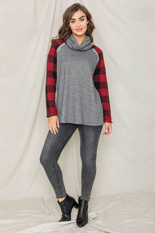 Terry Cowl Neck Checkered Sleeve Tunic