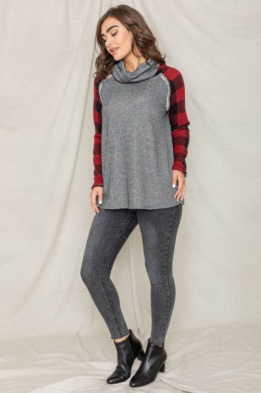 Terry Cowl Neck Checkered Sleeve Tunic