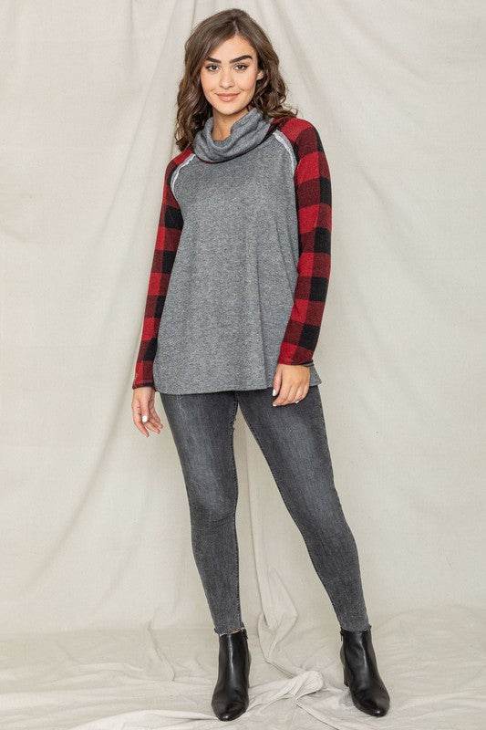 Terry Cowl Neck Checkered Sleeve Tunic