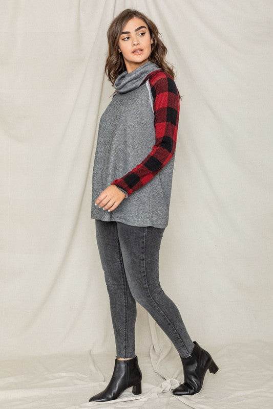 Terry Cowl Neck Checkered Sleeve Tunic