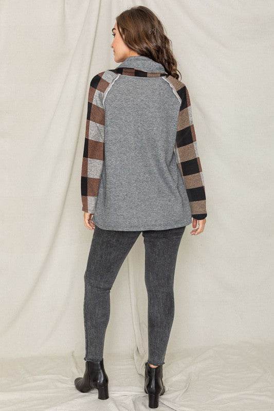 Terry Cowl Neck Checkered Sleeve Tunic
