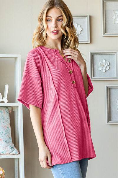 Heimish Ribbed Half Button Top - Full Size Drop Shoulder Style