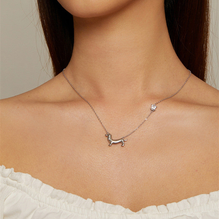 Sterling Silver Ornament S925 White Gold Plated Cute Sausage Dog Necklace