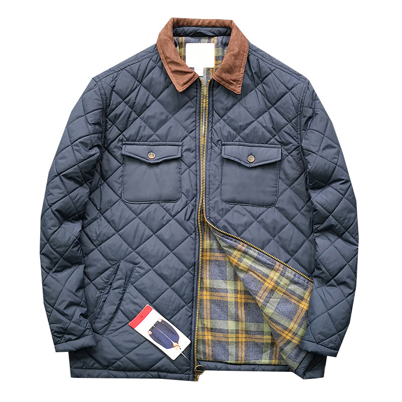 Men's Quilted Diamond Lapel Jacket - Autumn Solid Color Plaid Coat (Navy, Coffee, Military Green)