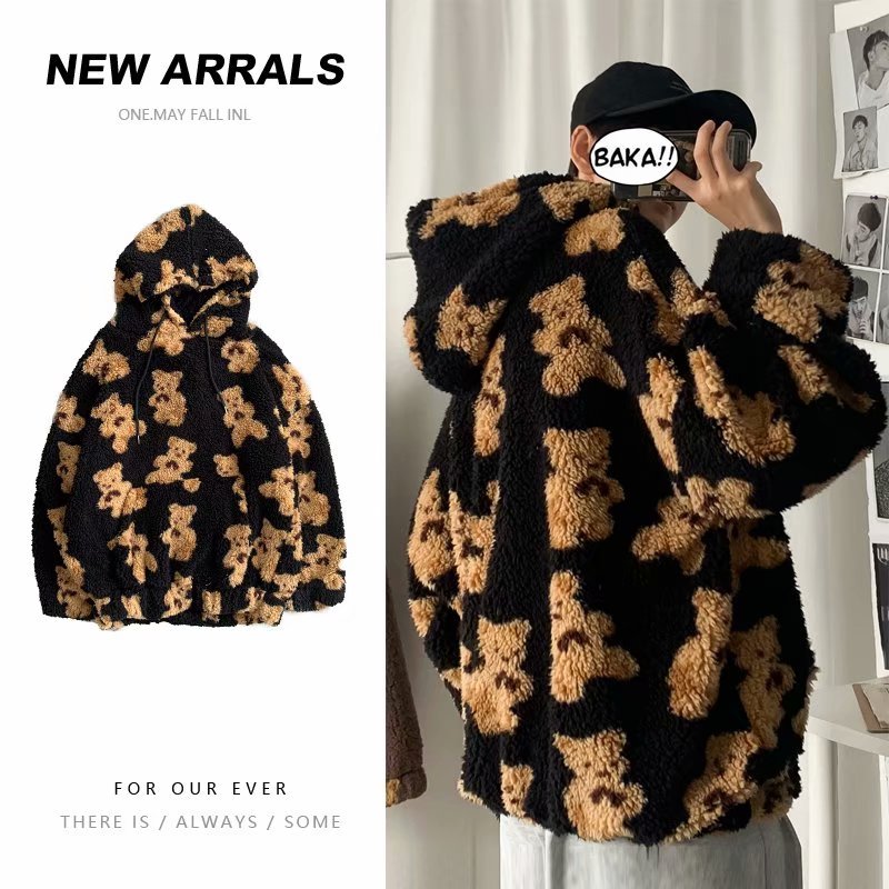Hooded Sweater Men's Tide Ins Korean Cartoon Printed Lamb Velvet Jacket Thickened Loose Trend Student Clothes