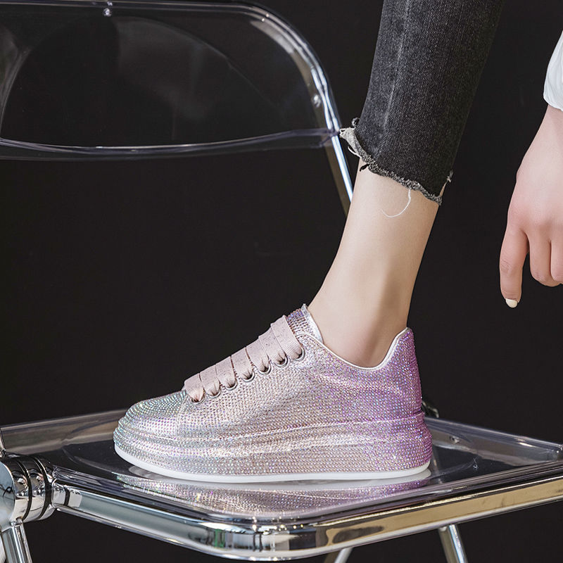 Women's Rhinestone-Embellished Sports Shoes - Waterproof White Wedge Sneakers (4-6cm Heel, Microfiber Leather)