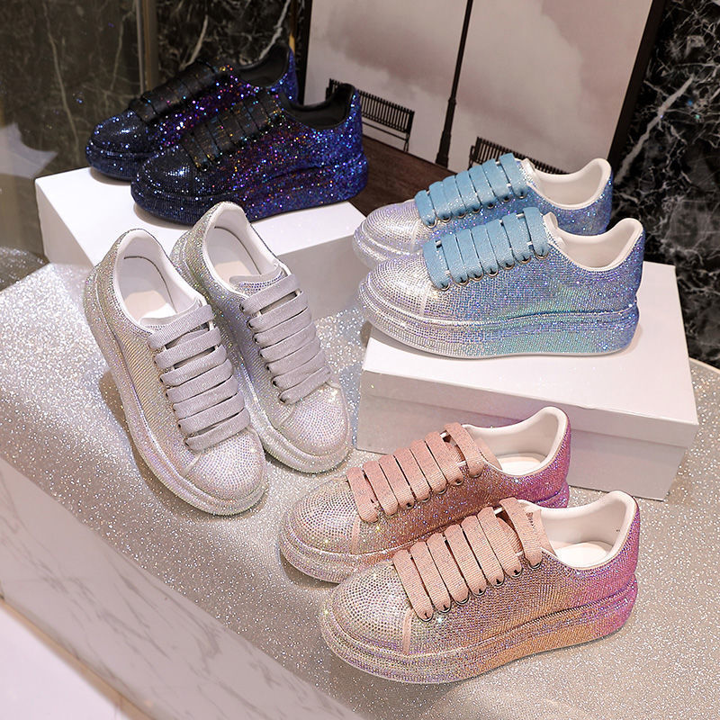 Women's Rhinestone-Embellished Sports Shoes - Waterproof White Wedge Sneakers (4-6cm Heel, Microfiber Leather)