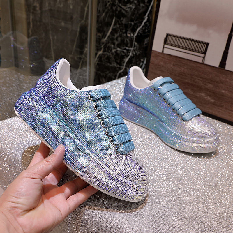 Women's Rhinestone-Embellished Sports Shoes - Waterproof White Wedge Sneakers (4-6cm Heel, Microfiber Leather)