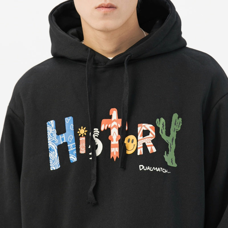 Artistic Letters Color Print Hooded Pullover Loose Sweatshirt