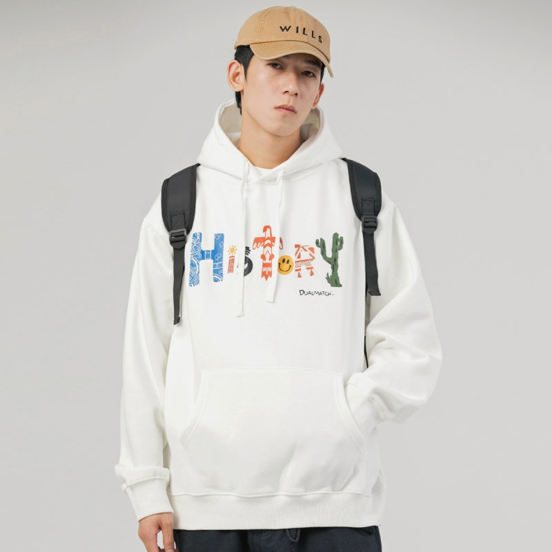 Artistic Letters Color Print Hooded Pullover Loose Sweatshirt