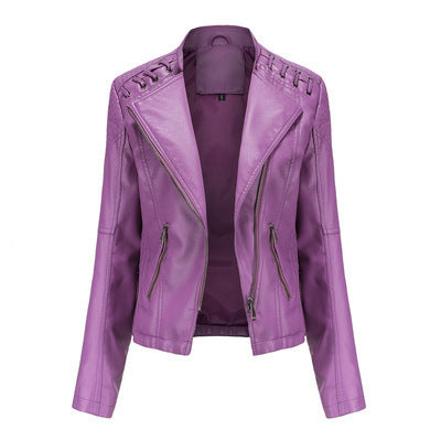 Pi-Mart Women's PU Leather Motorcycle Jacket - Slim Fit Short Biker Jacket with Lapel Collar (S-XXXL)