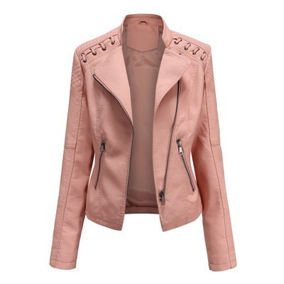 Pi-Mart Women's PU Leather Motorcycle Jacket - Slim Fit Short Biker Jacket with Lapel Collar (S-XXXL)