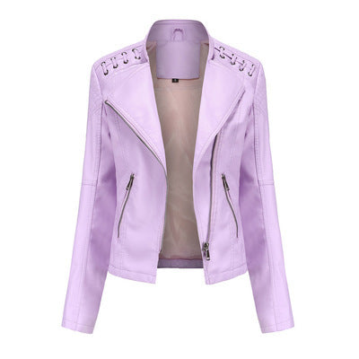Pi-Mart Women's PU Leather Motorcycle Jacket - Slim Fit Short Biker Jacket with Lapel Collar (S-XXXL)