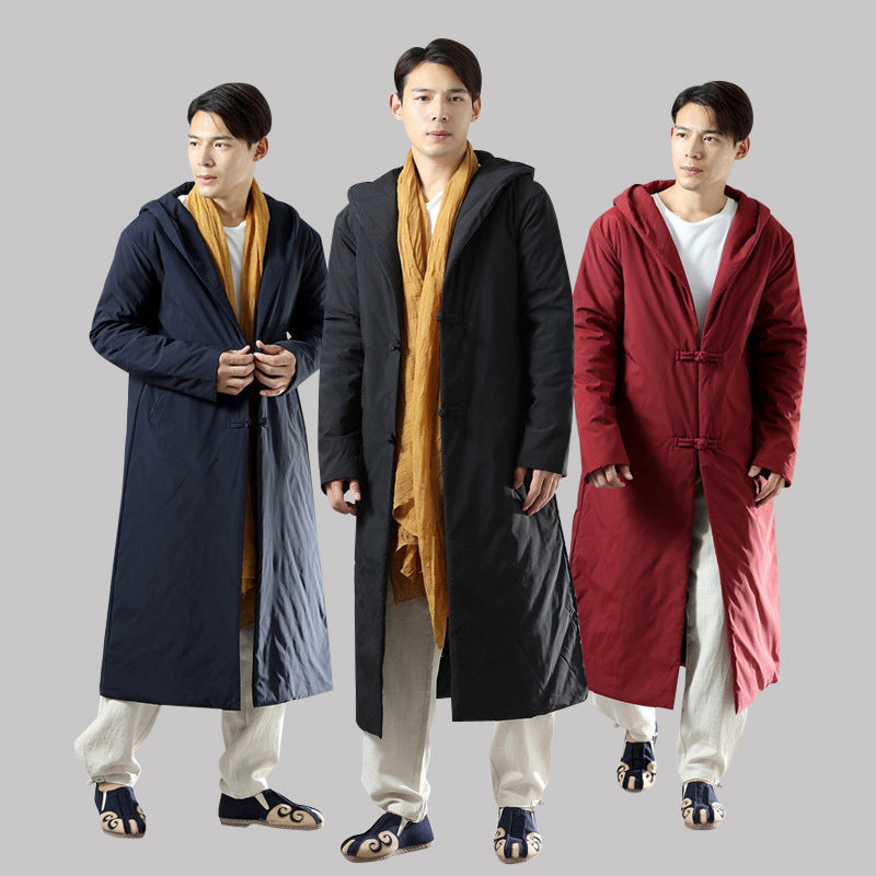 Men's winter buckle hooded mid-length cotton jacket