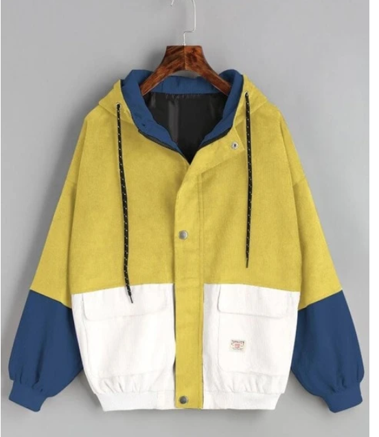 2021 Korean version of college wind student BF loose color matching hooded baseball uniform corduroy tooling jacket female