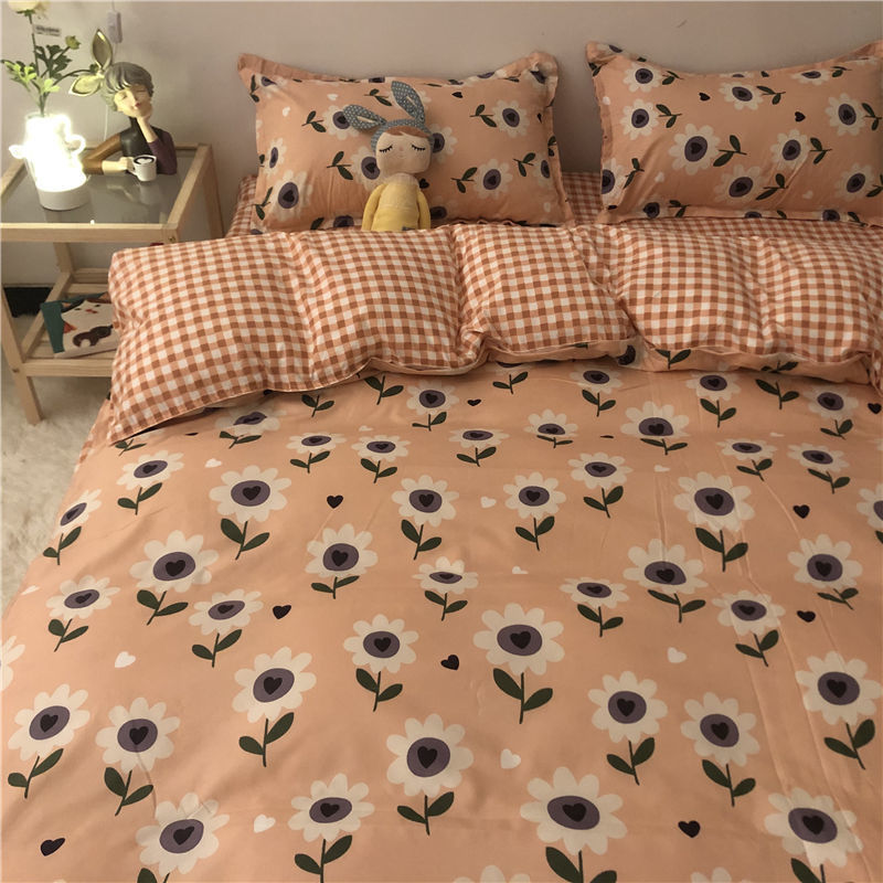 Cartoon Brushed Washed Cotton Net Red Bed Sheet Duvet Cover
