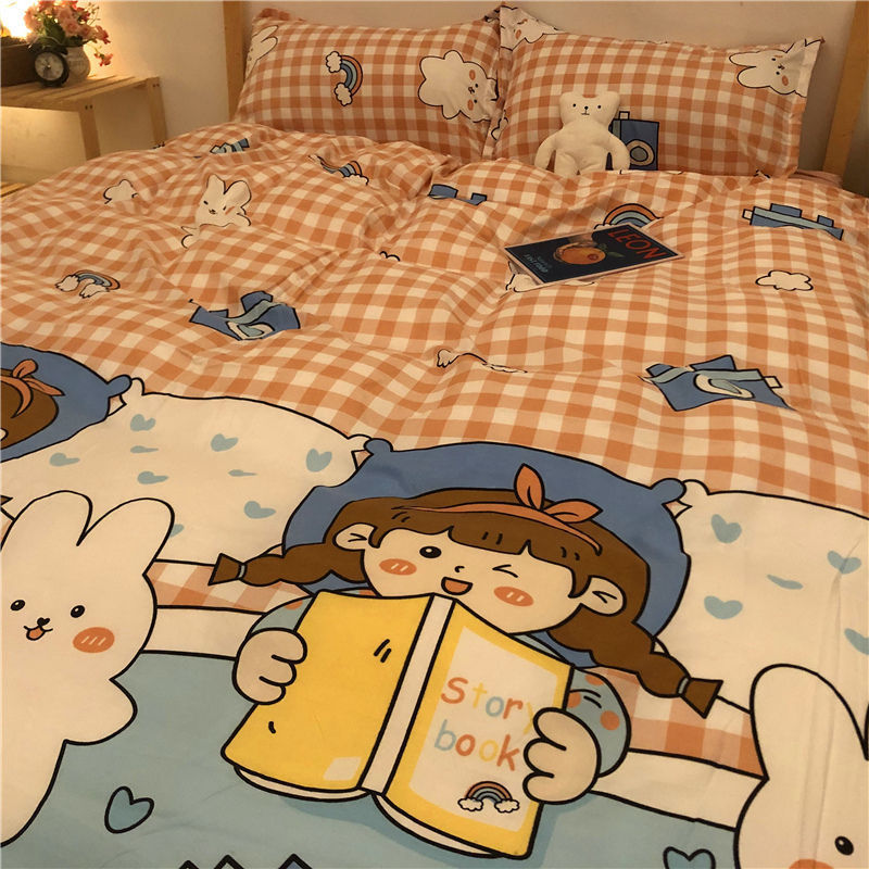 Cartoon Brushed Washed Cotton Net Red Bed Sheet Duvet Cover