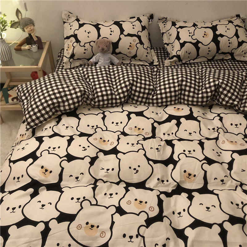 Cartoon Brushed Washed Cotton Net Red Bed Sheet Duvet Cover