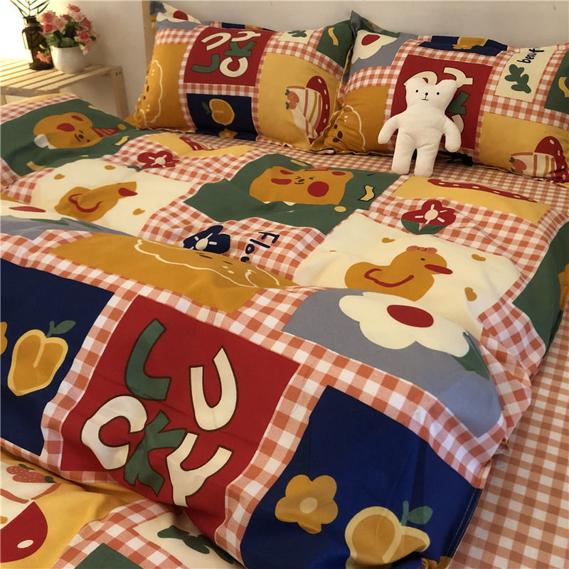 Cartoon Brushed Washed Cotton Net Red Bed Sheet Duvet Cover