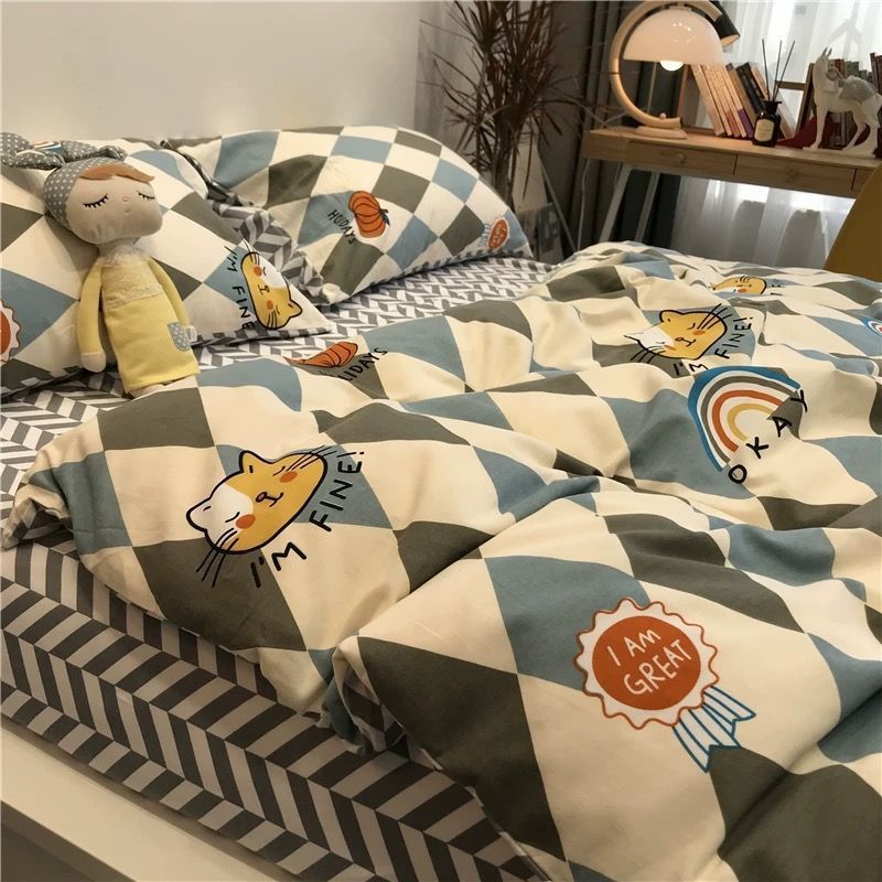 Cartoon Brushed Washed Cotton Net Red Bed Sheet Duvet Cover