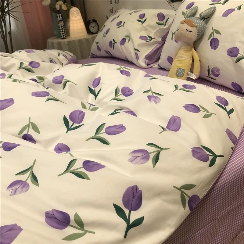 Cartoon Brushed Washed Cotton Net Red Bed Sheet Duvet Cover