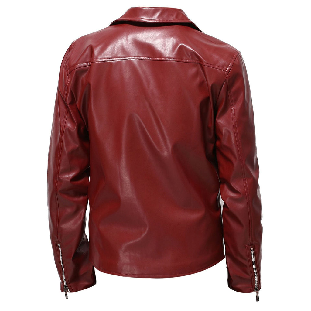 Men's Slim Fit Leather Jacket - Spring Autumn Round Neck Zip Front Casual Coat