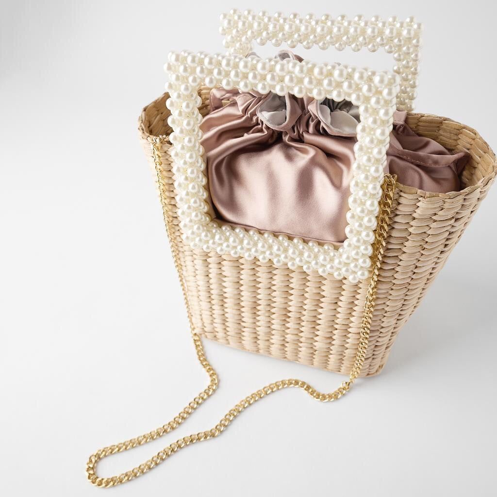 Cattail Woven Bag, Pearl Handle, Bead Handbag, Straw Woven Bag, Shoulder Diagonal Bag