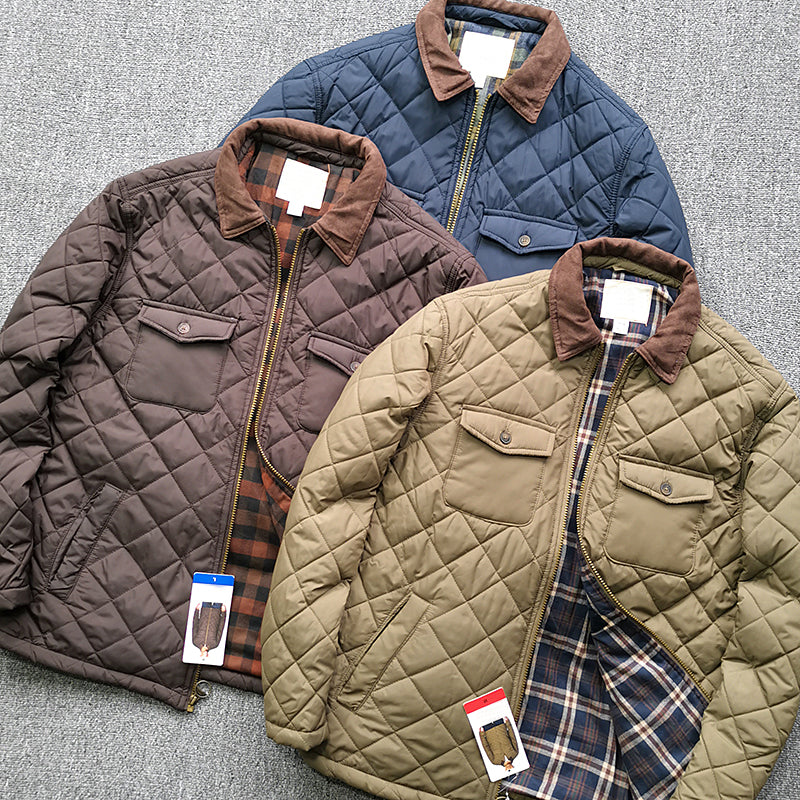 Men's Quilted Diamond Lapel Jacket - Autumn Solid Color Plaid Coat (Navy, Coffee, Military Green)