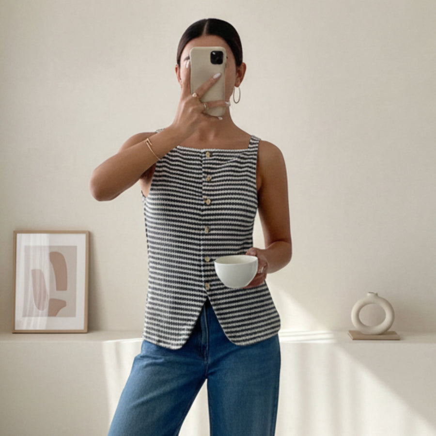 Women's Striped Button-Front Sleeveless Camisole Top – Square Neck Tank