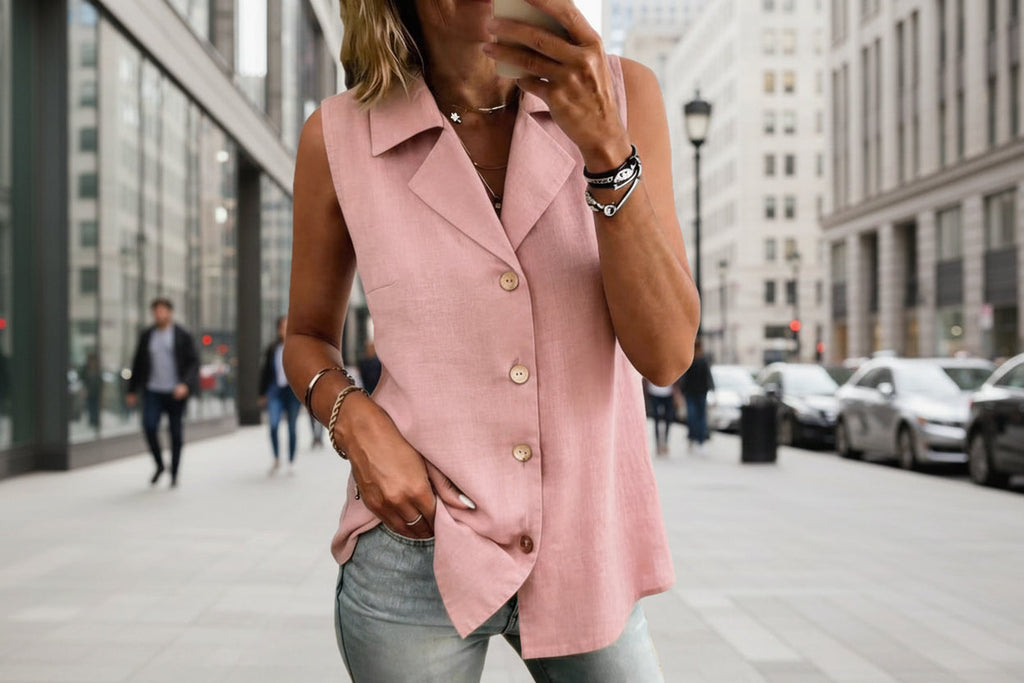 Women's Solid-Color Sleeveless Loose Vest Top – Button Detail