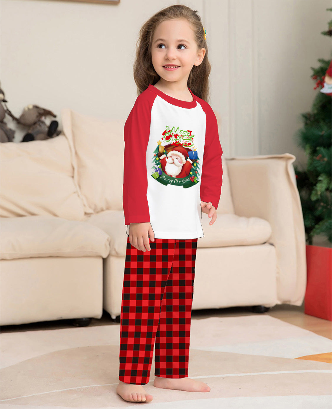 Parent-Child Clothes Set Long Sleeve T-Shirt Plaid Pants Family Matching Pajamas