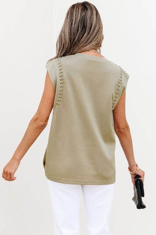 Julietta Studded Cap Sleeve Round Neck Top