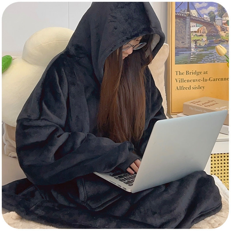 Male Student Thickened Warm Nightgown Flannel Outerwear Couple Homewear Hooded Blanket