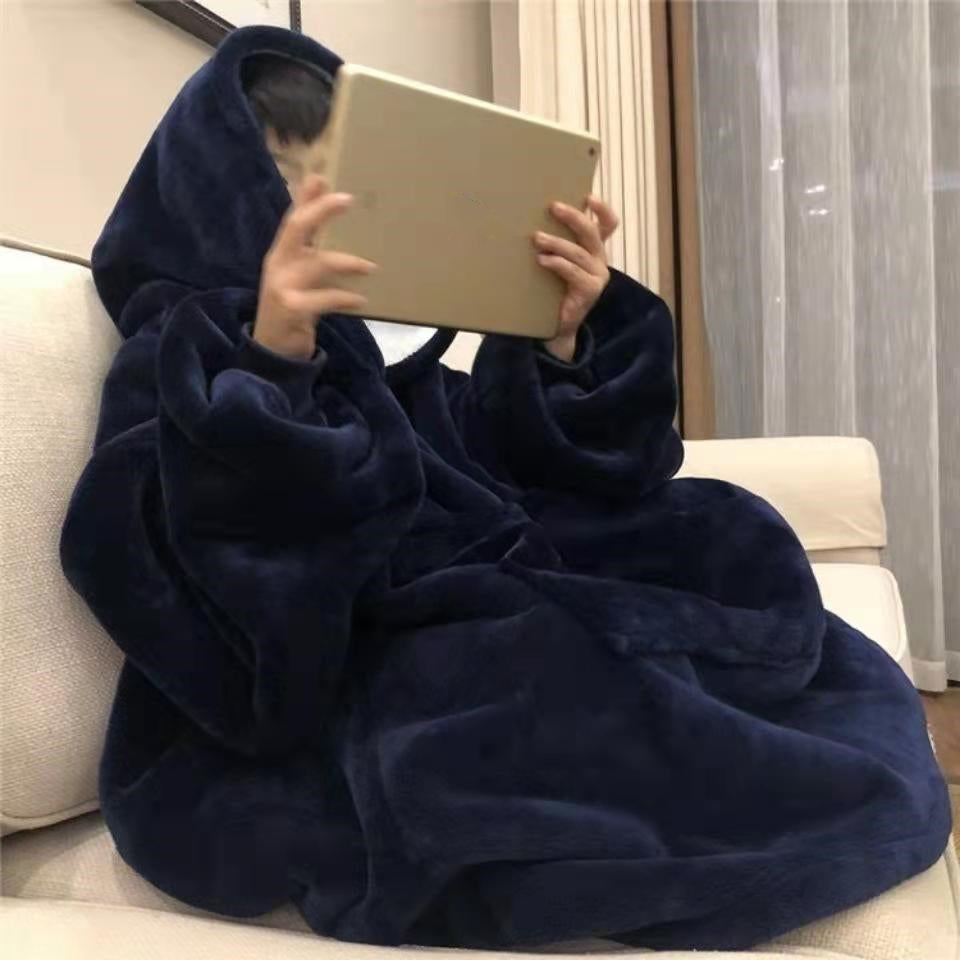 Male Student Thickened Warm Nightgown Flannel Outerwear Couple Homewear Hooded Blanket