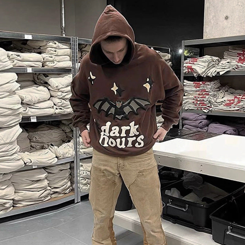 Men's Bat Print Velvet Hoodie - American Retro Pullover with Wool Lining (Dark Brown)