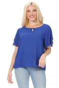 Short flutter sleeve round neck keyhole blouse.