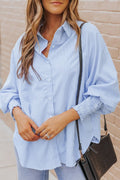 Light Blue Striped Casual Shirred Cuffs Shirt