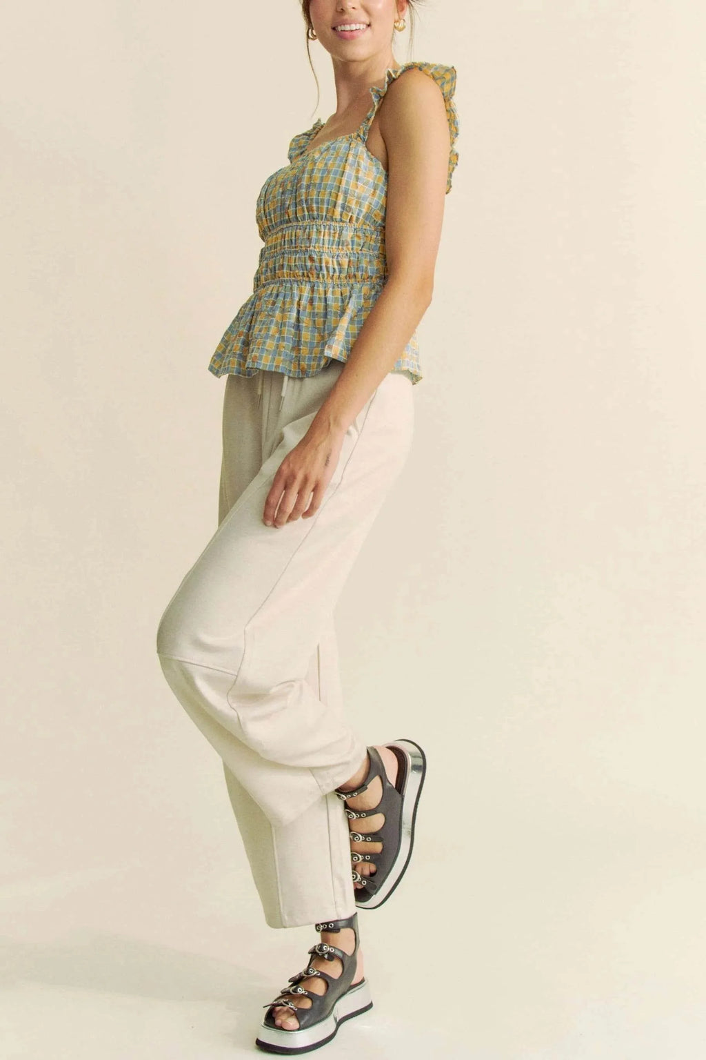 Davi & Dani Plaid Ruffled Strap Smocked Sleeveless Top