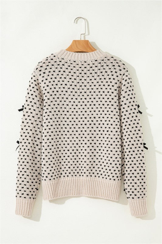 Bow Ribbed Edge Crewneck Long Sleeve Sweater