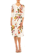 Floral print, faux wrap dress with deep V-neck